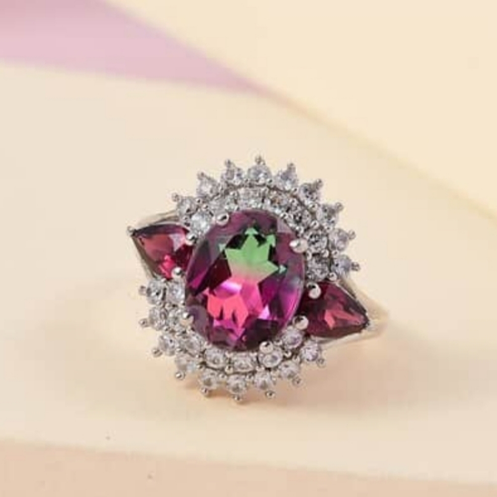 Genuine Watermelon Quartz & Multi Gemstone Ring Platinum over 925 Sz 6! - Picture 8 of 13